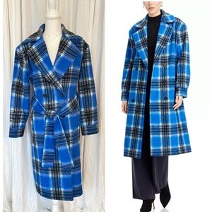 AQUA Plaid Duster Trench Coat Cobalt Blue Size XS